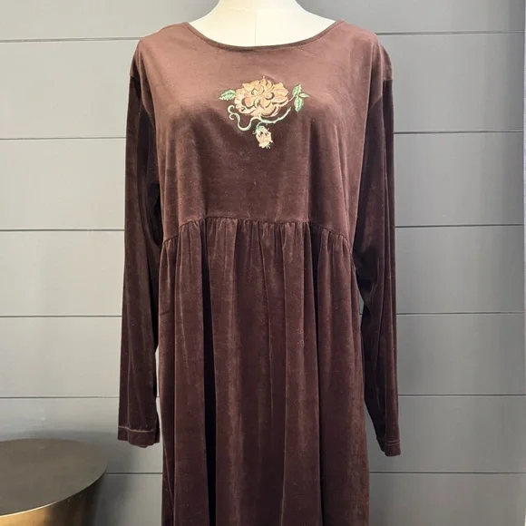 Vintage 90’s Shenanigans Brown Velveteen Baby Doll Dress Floral Embroidery - Picture 2 of 10